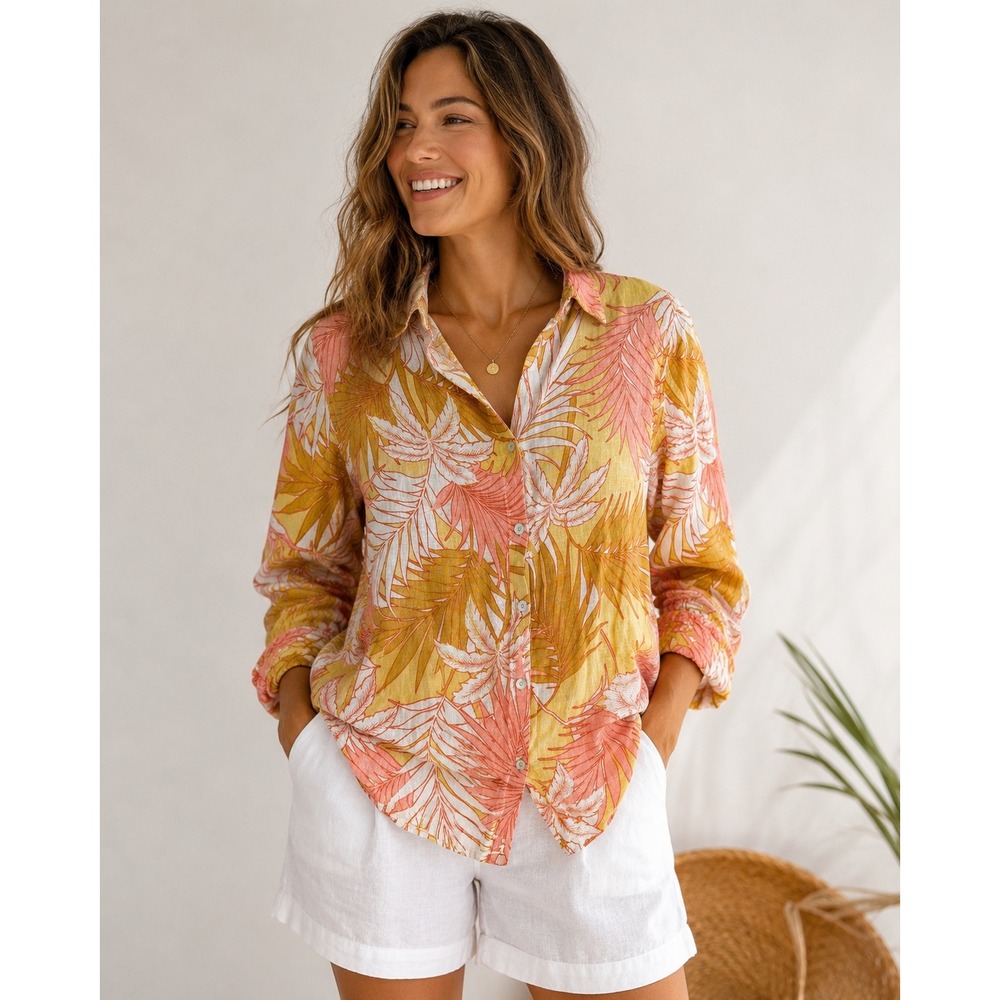 Tahari Women Yellow Orange Tropical Palm Leaf Print 100% Linen Button Down Shirt